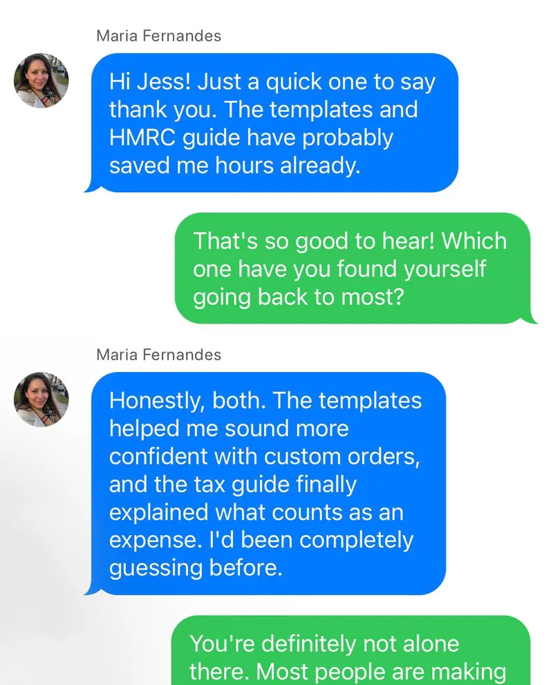 WhatsApp messages from Maria Fernandes to Jess: the templates and HMRC guide saved her hours and finally explained what counts as an expense.