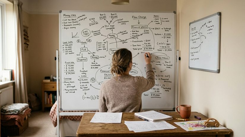 A mum at a whiteboard, planning her finances in her bedroom