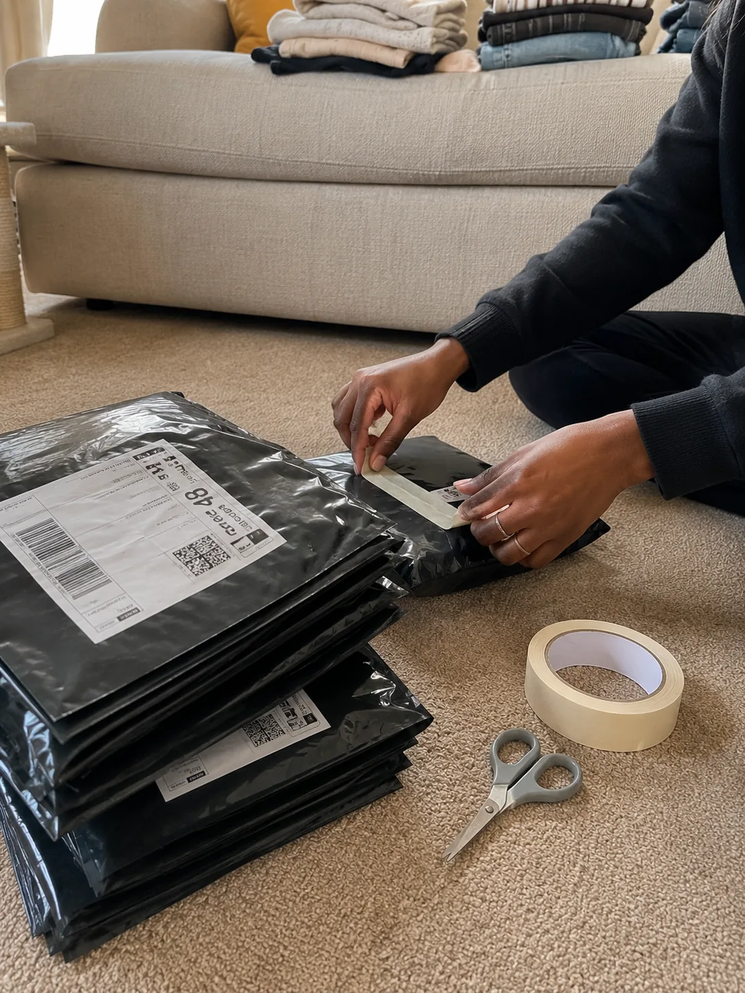 A mum taping shipping labels onto a stack of packed mailing bags in her living room