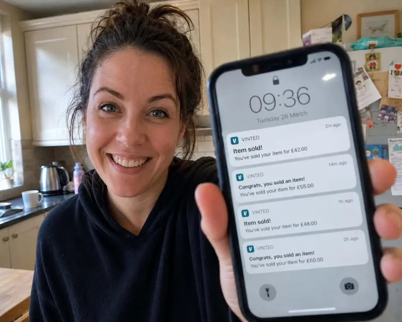 A smiling mum showing her phone: four Vinted 'Item sold' notifications from one Tuesday morning, £42 to £60 each.
