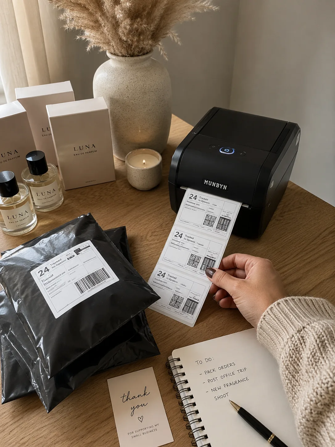 A label printer printing postage labels next to packed parcels and a handwritten to-do list