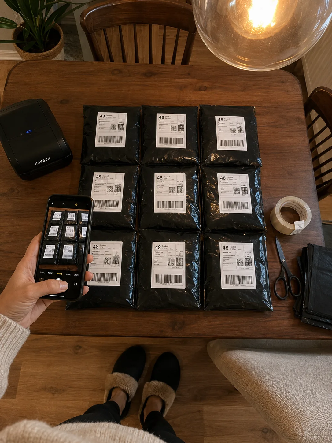 Nine packed parcels laid out on a kitchen table, photographed on a phone before the post office run
