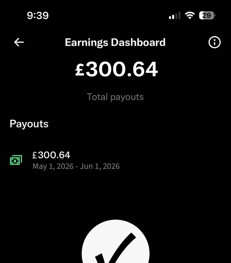 Earnings dashboard showing a £300.64 payout for one month