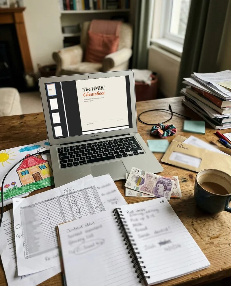 The HMRC Cheatsheet open on a laptop at a kitchen table, beside cash, a notebook of content ideas and a child's drawing