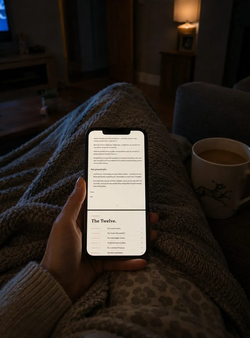 A mum reading The 16 Winner Templates on her phone on the sofa in the evening, under a blanket with a cup of tea