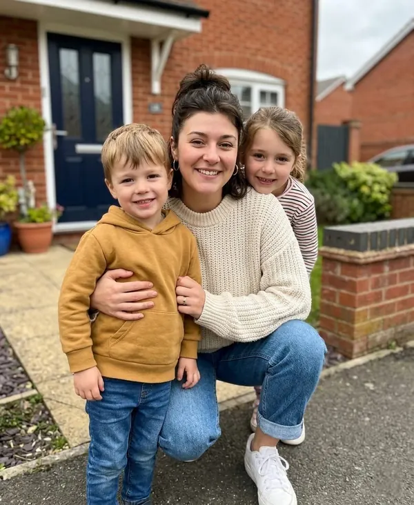 Jess, founder of Mums Bundle, with her two children outside their home in Sheffield