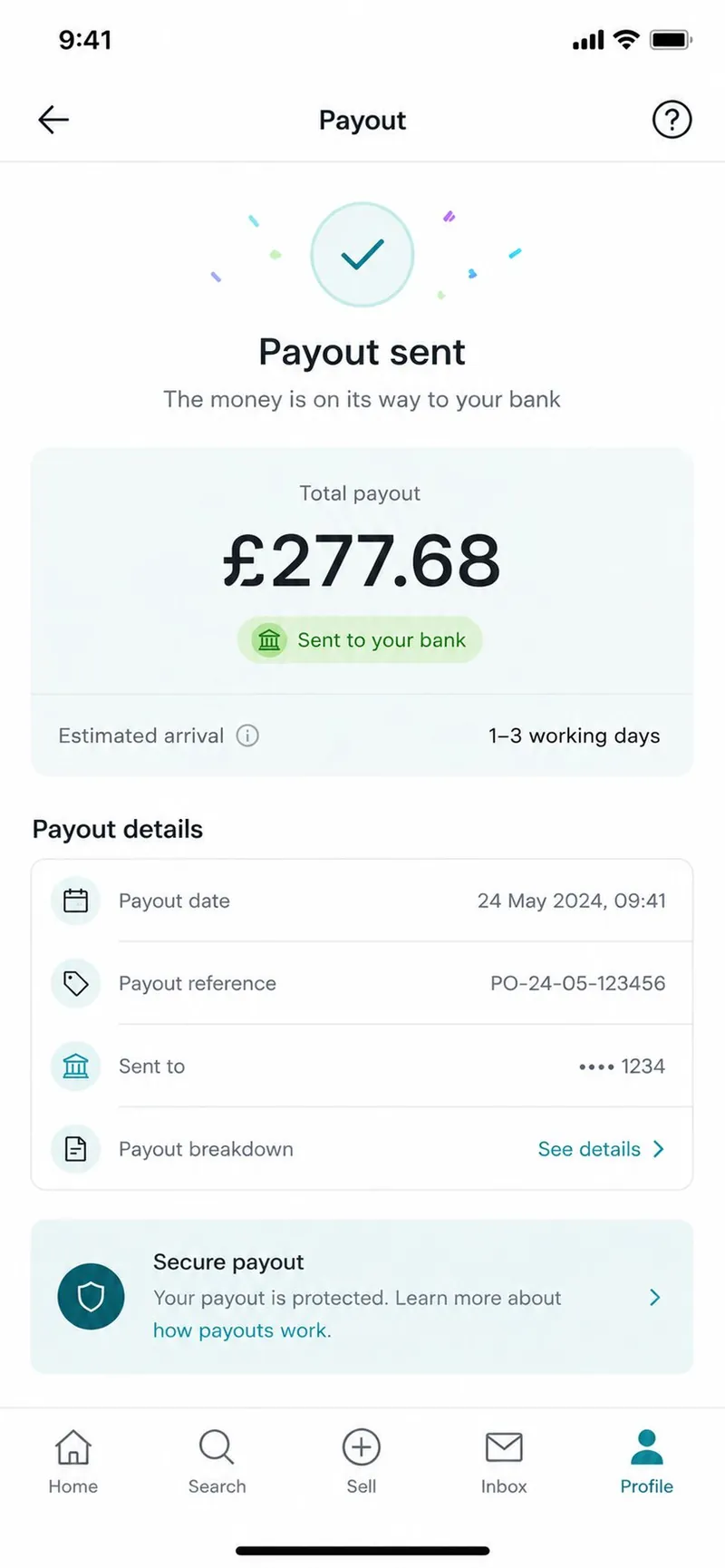Payout of £277.68 sent to bank