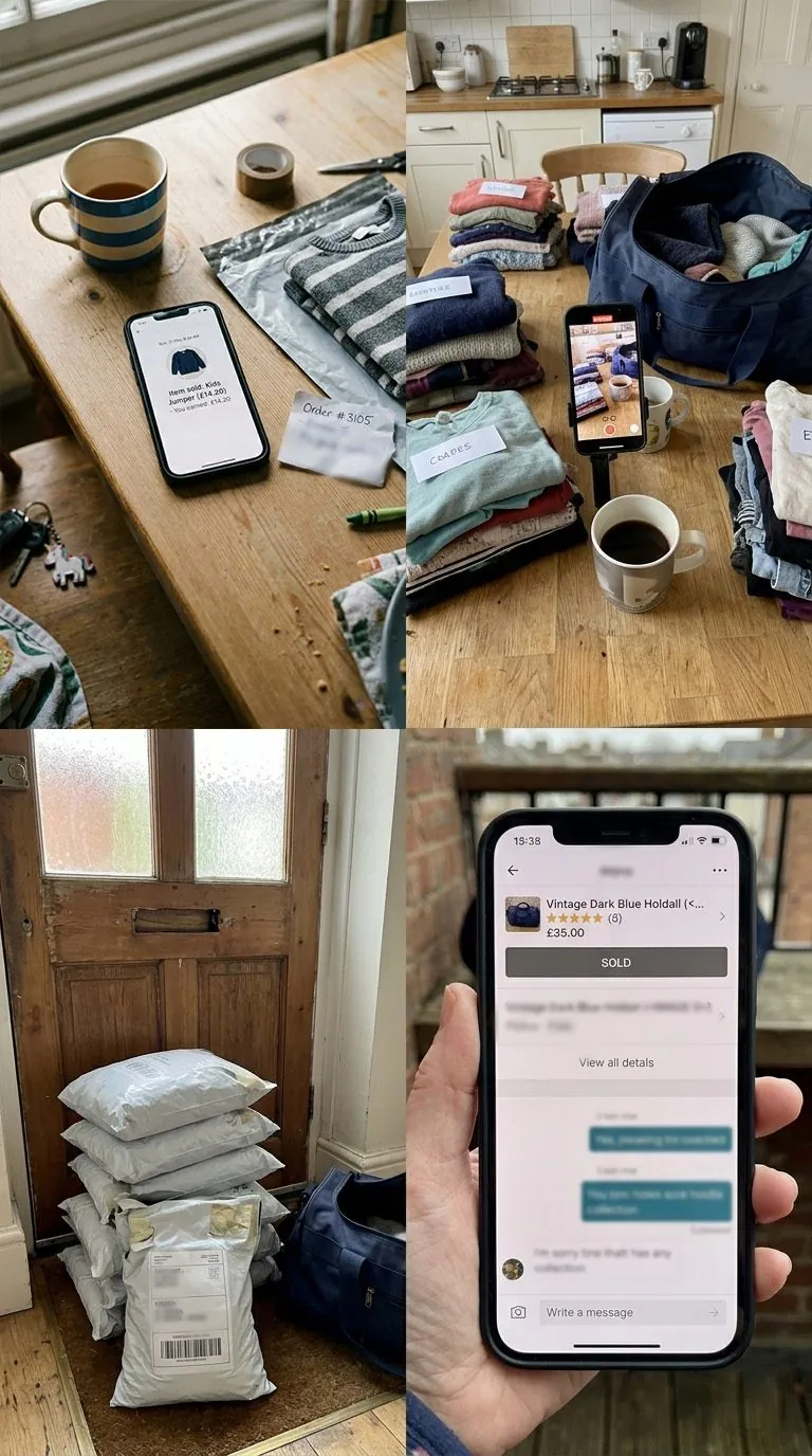 Four photos from a real reselling Sunday: an item-sold notification, clothes sorted and photographed at the kitchen table, parcels packed by the front door, and a £35 holdall marked Sold