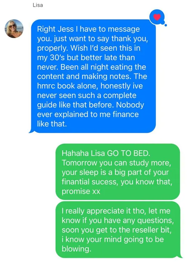 Text messages from Lisa to Jess: 'Wish I'd seen this sooner. Been all night reading the content and making notes. The HMRC book alone — I've never seen such a complete guide. Nobody ever explained finance to me like that.' Jess tells her to get some sleep.