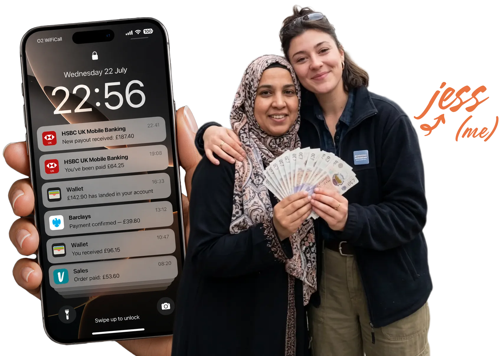 A phone lock screen full of payout notifications, next to Jess and a mum from the community holding the cash they made