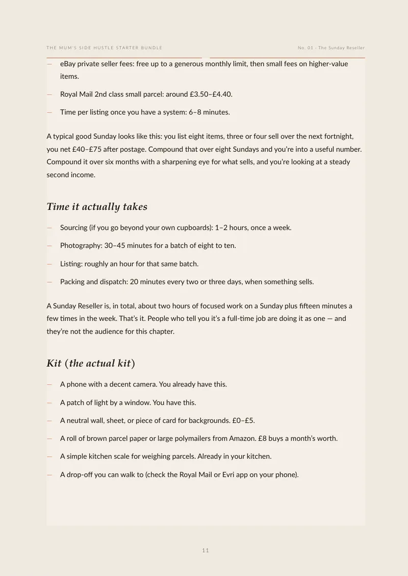 Free sample page from The Six Honest Hustles: what a typical Sunday reselling actually makes